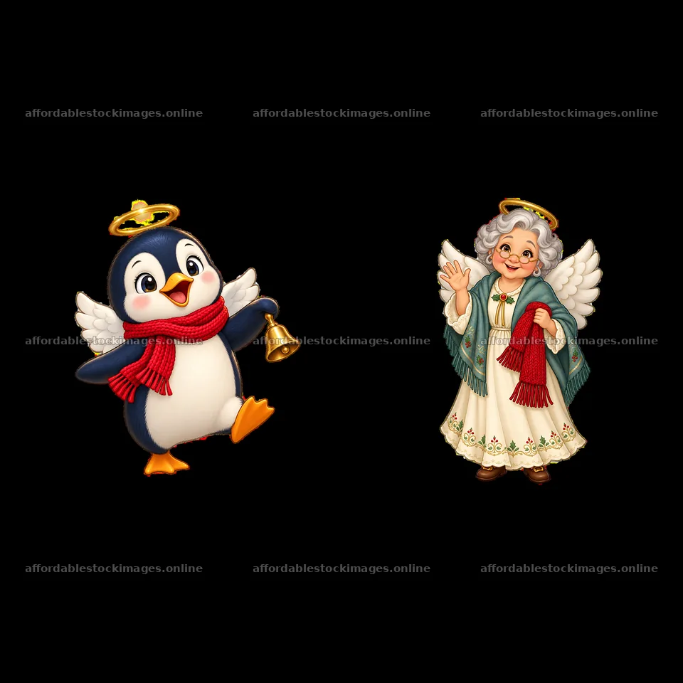 Christmas angel and penguin with bell stickers – stock images 7746x7746