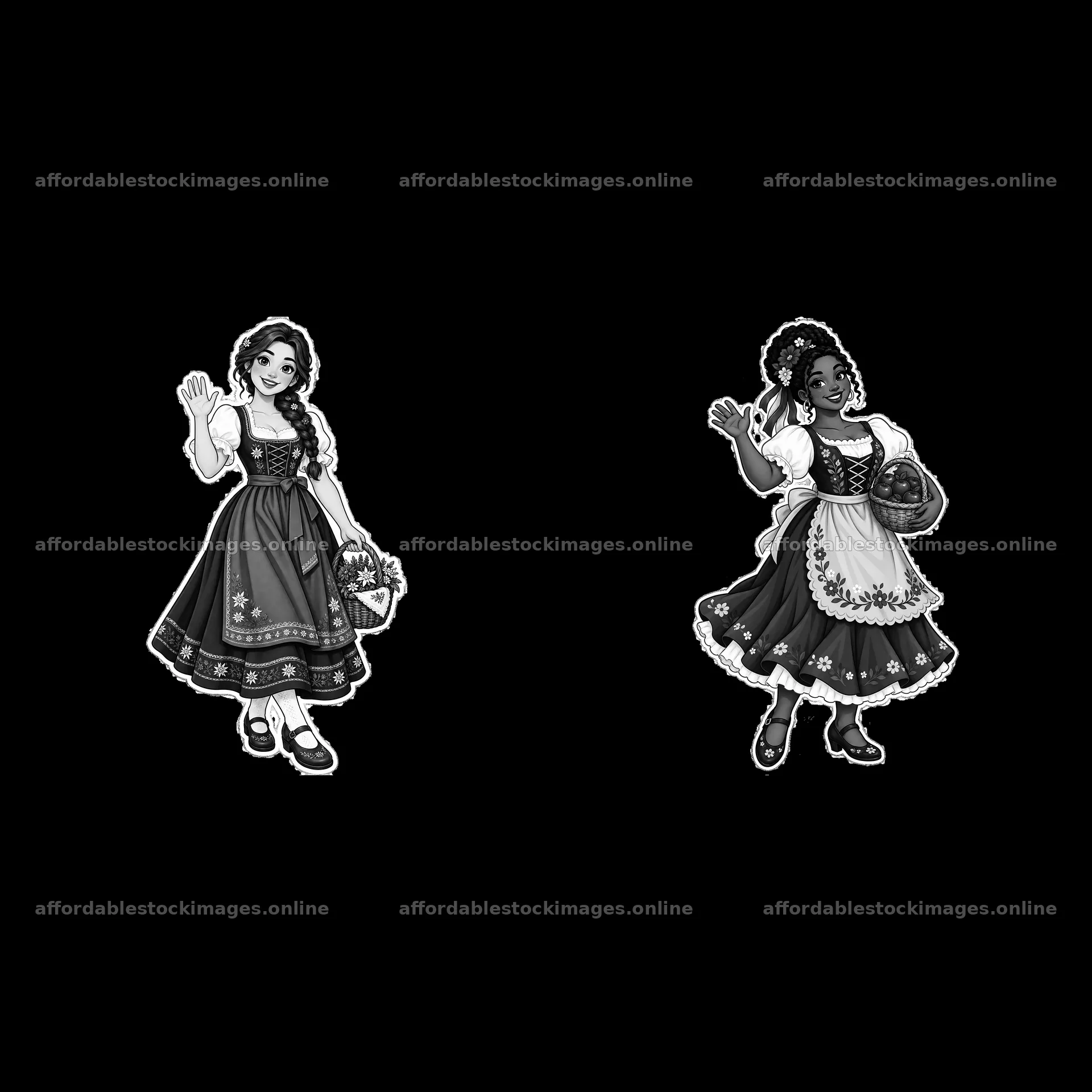 Women in traditional folk dress with baskets waving – stock images 7746x7746