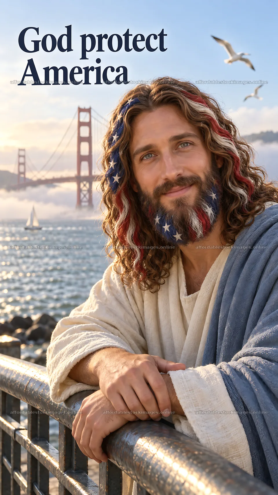 Jesus Christ welcomes viewers by the Golden Gate Bridge – stock images 5811x10326