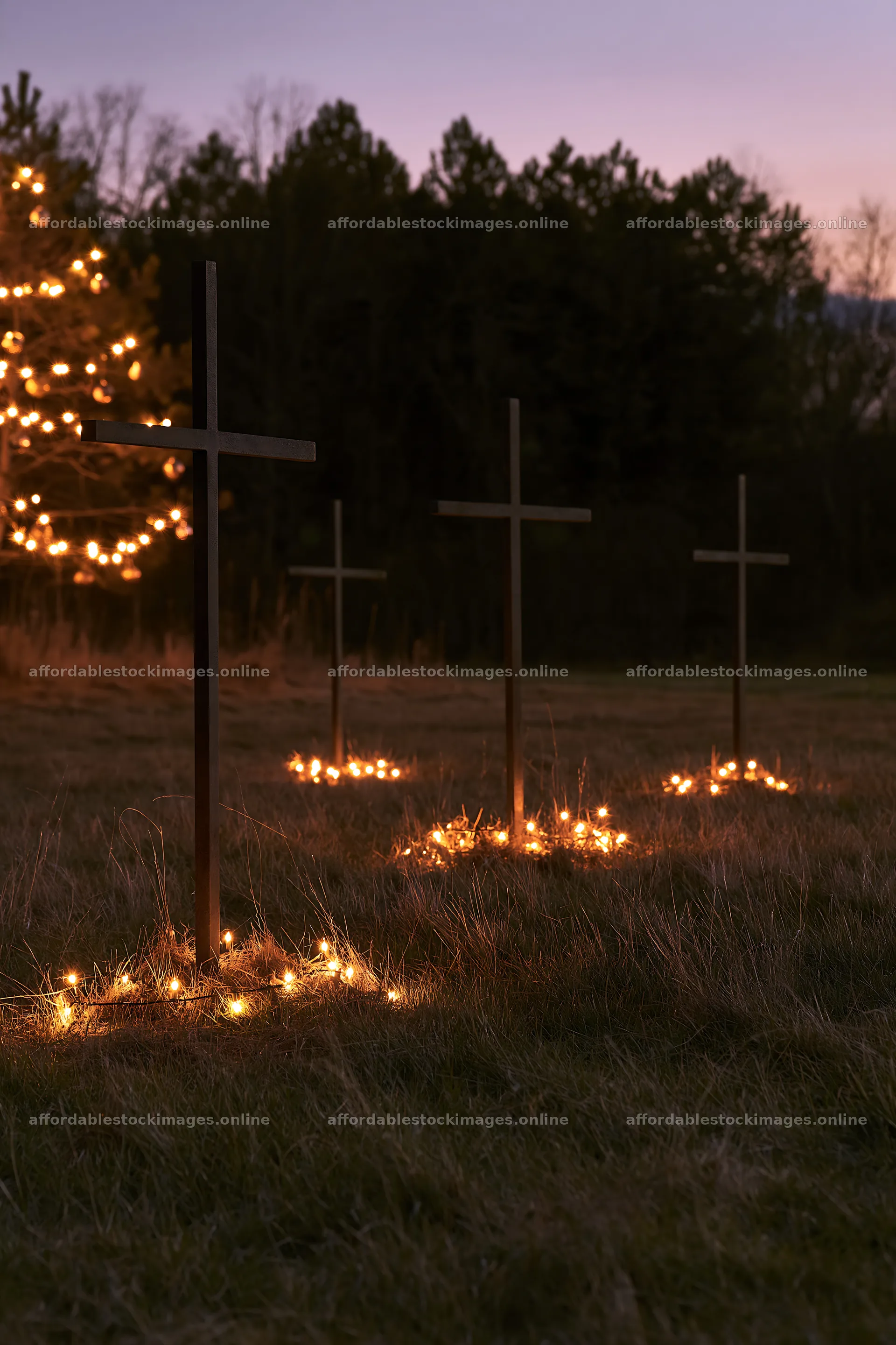 Crosses decorated with lights in conservation meadow at dusk – stock images 6480x9722