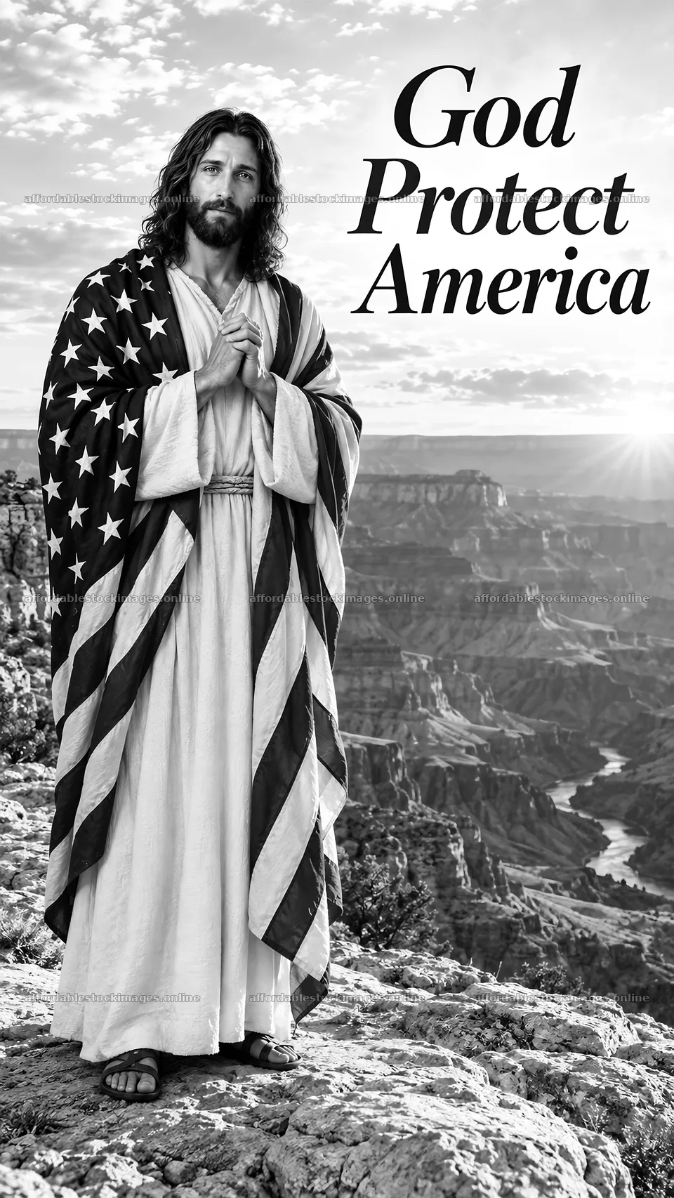 Jesus Christ standing in prayer with American flag – stock images 5811x10326