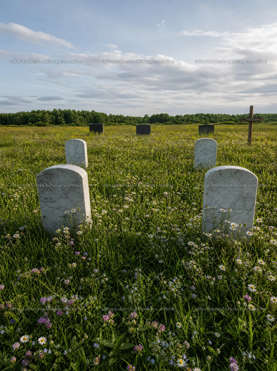 Rustic Christian cross in a spring meadow with gravestones – stock images 6858x9186