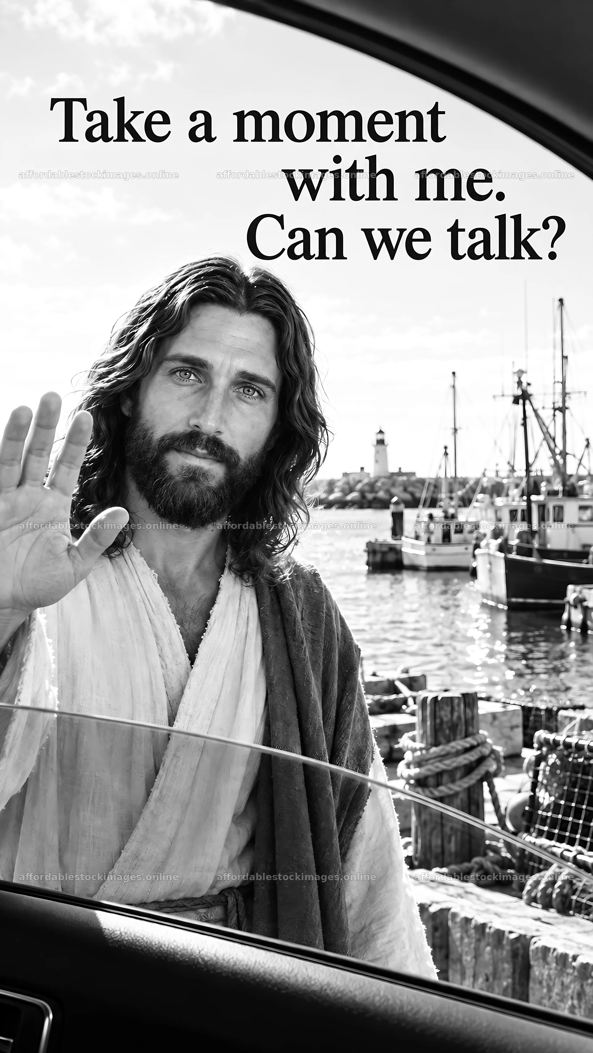 Jesus Christ invites conversation by the harbor – stock images 5811x10326