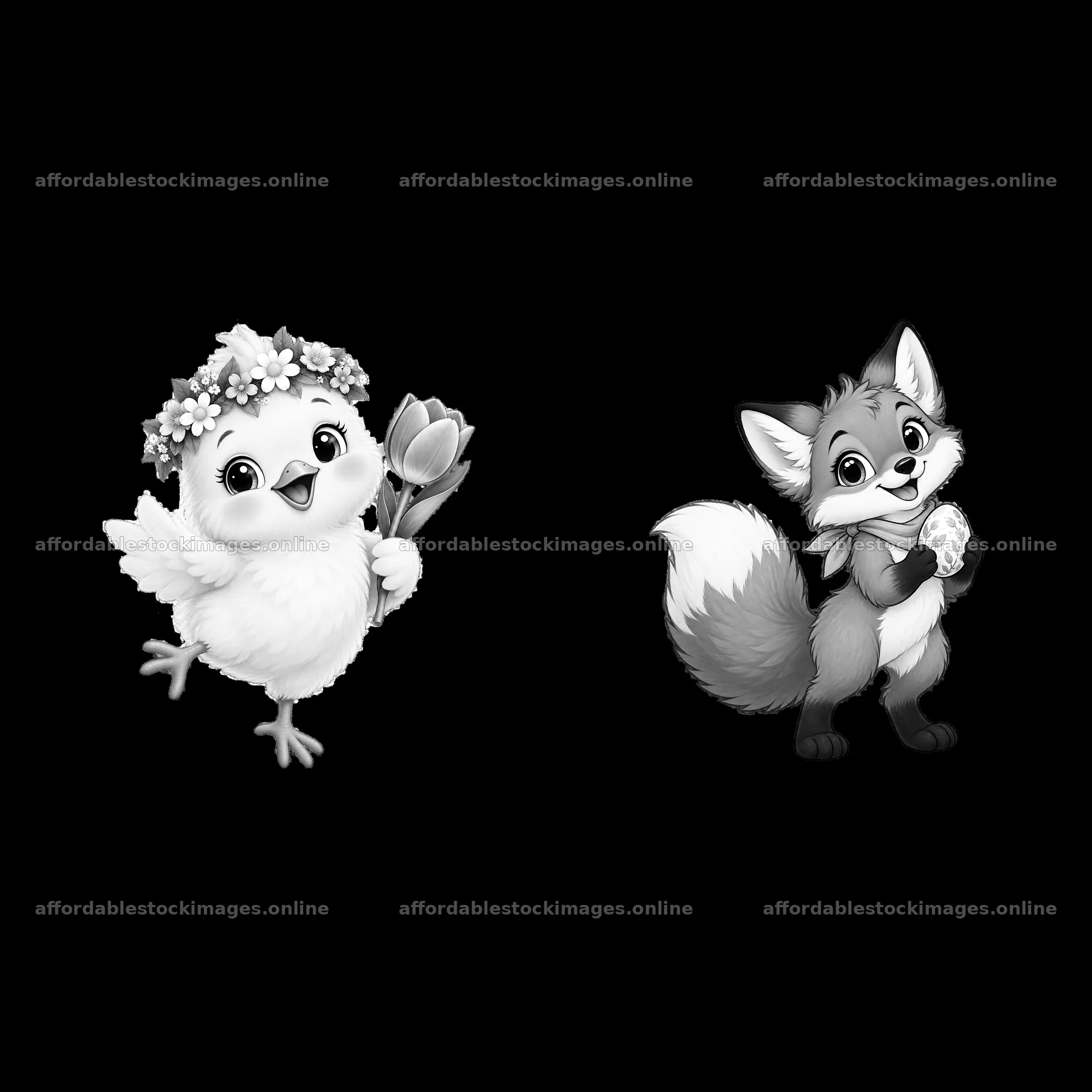 Cute chick with flower crown and fox holding an egg – stock images 7746x7746