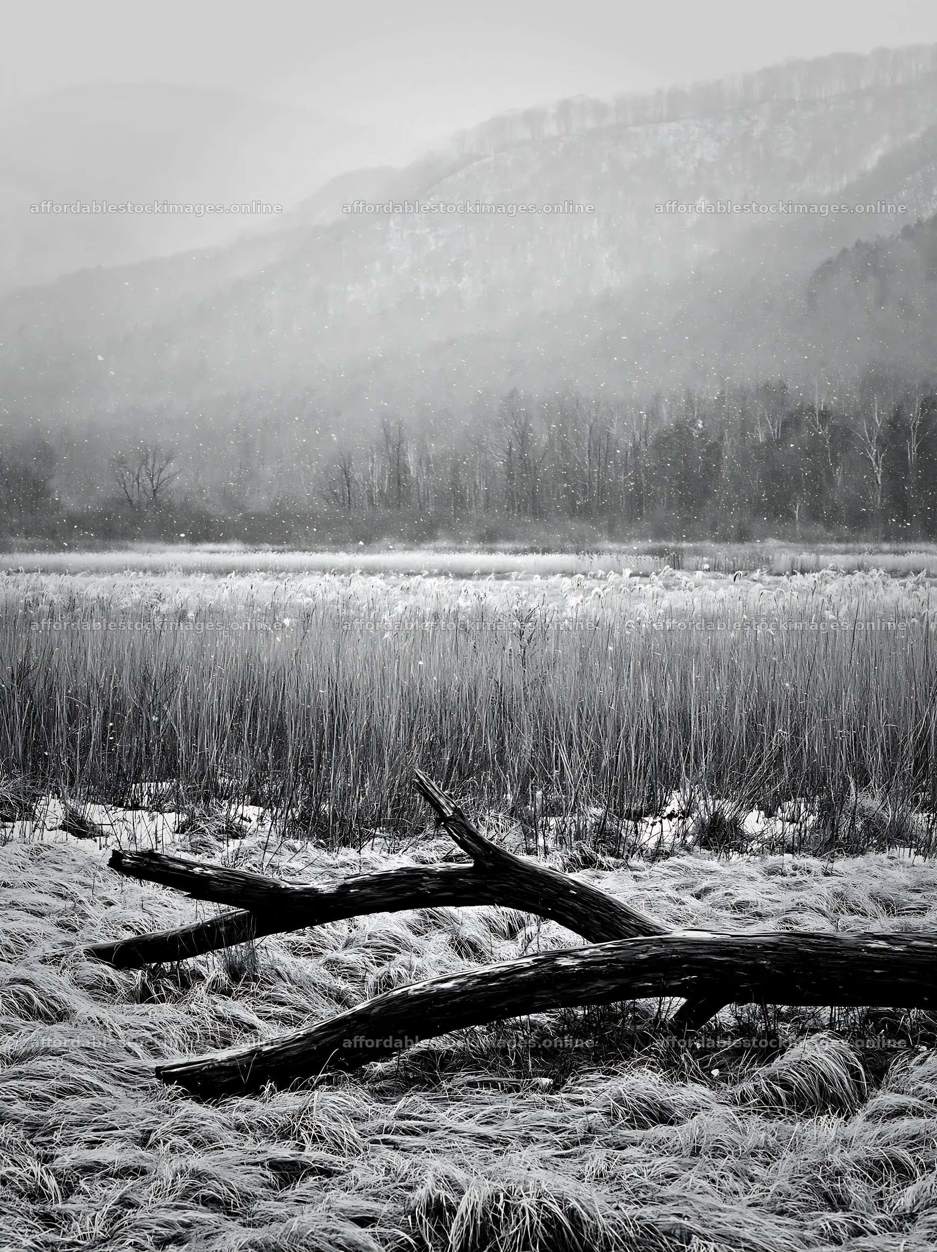 Yamagata rewilded meadow fallen branch foreground in winter – stock images 6866x9174