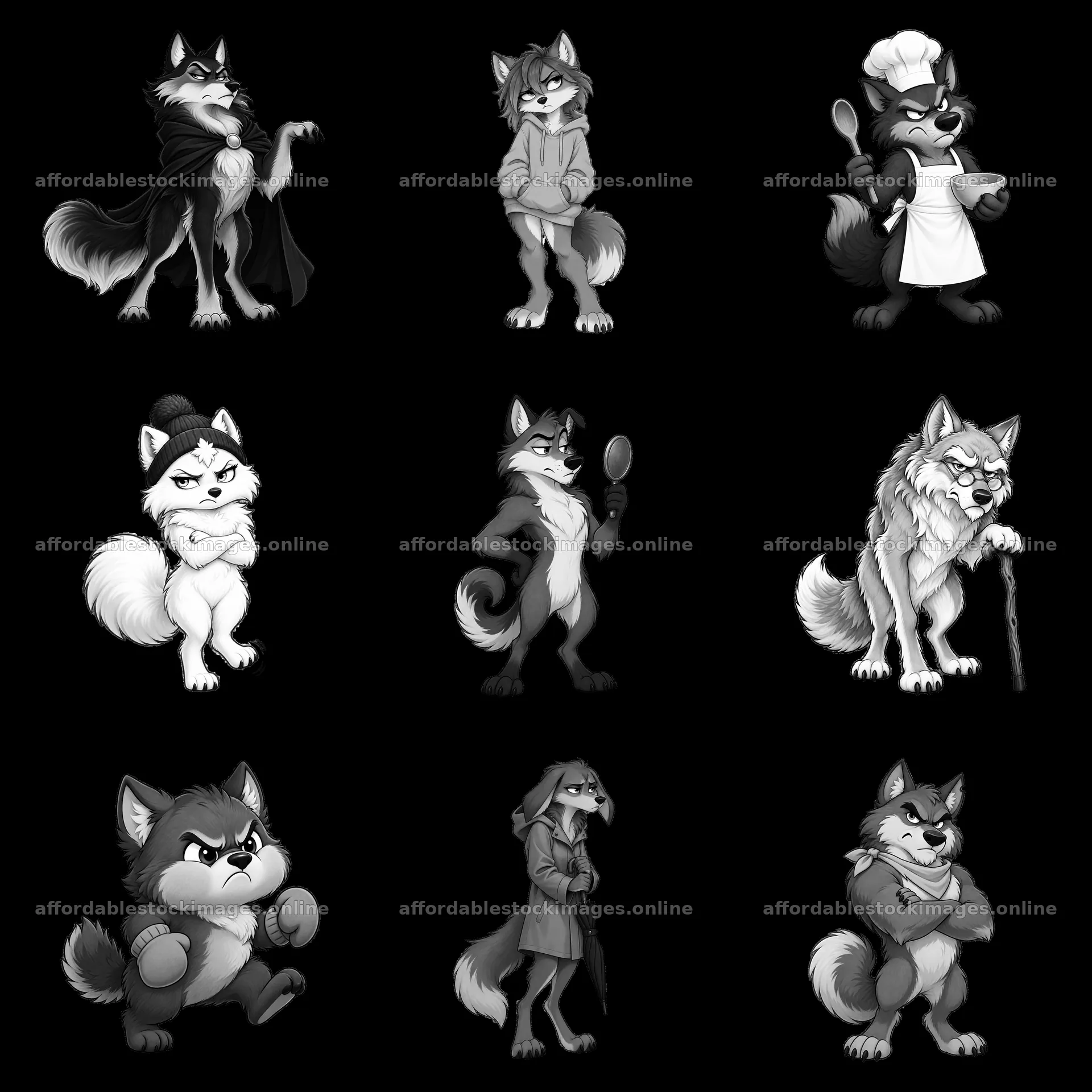 Grumpy wolf characters in various poses and outfits arranged in – stock images 7746x7746