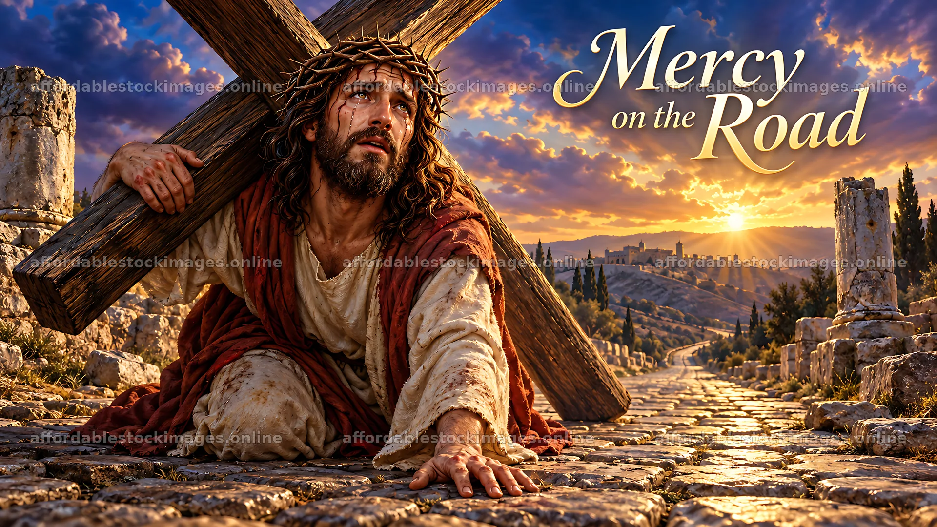 Mercy on the road with a man carrying a wooden cross – stock images 10580x5954