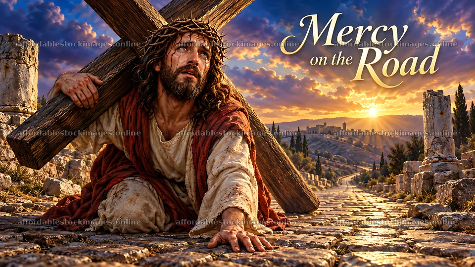 Mercy on the road with a man carrying a wooden cross – stock images 10580x5954