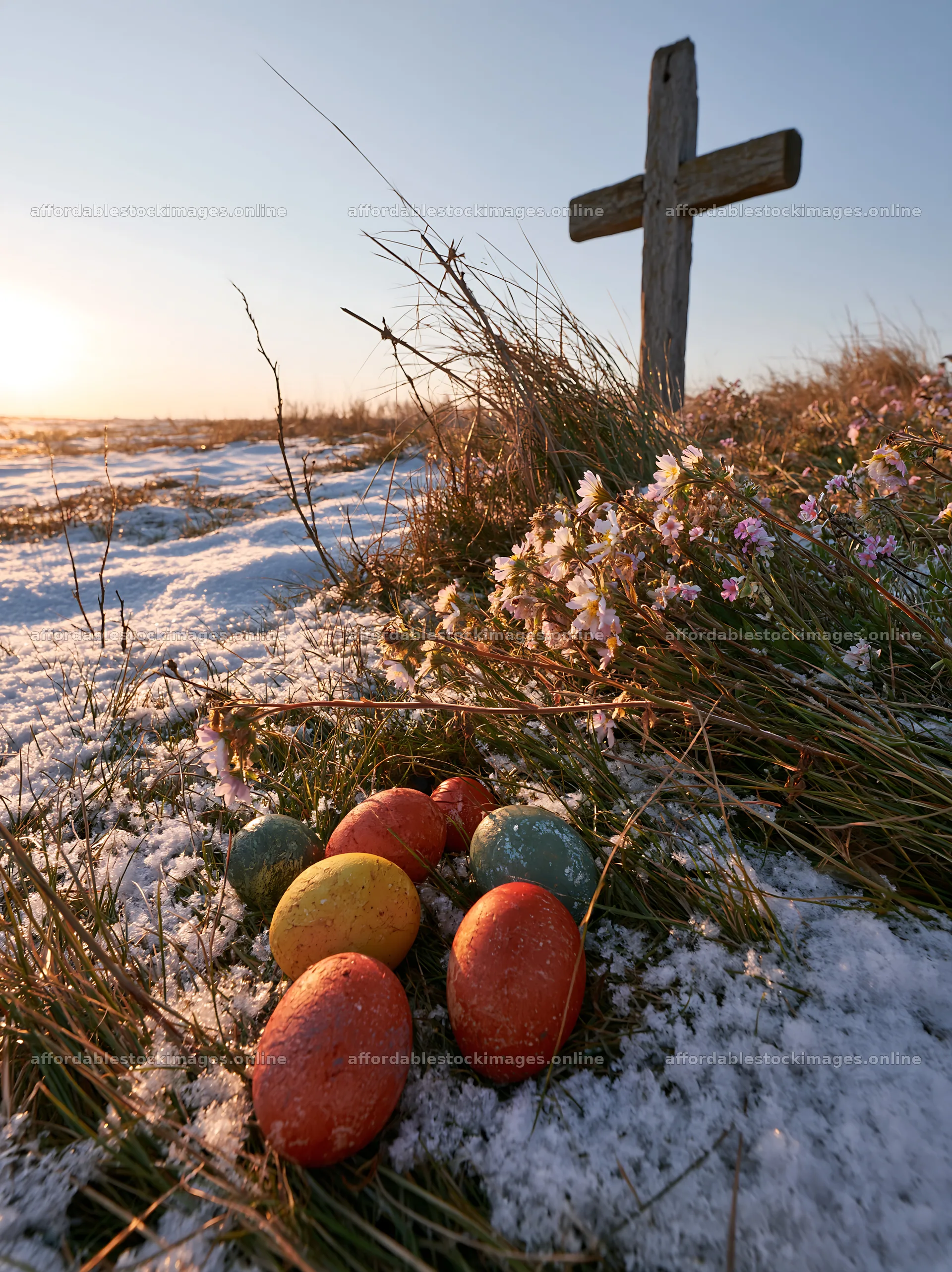 Weathered cross surrounded by colorful eggs in snowy meadow – stock images 6866x9174