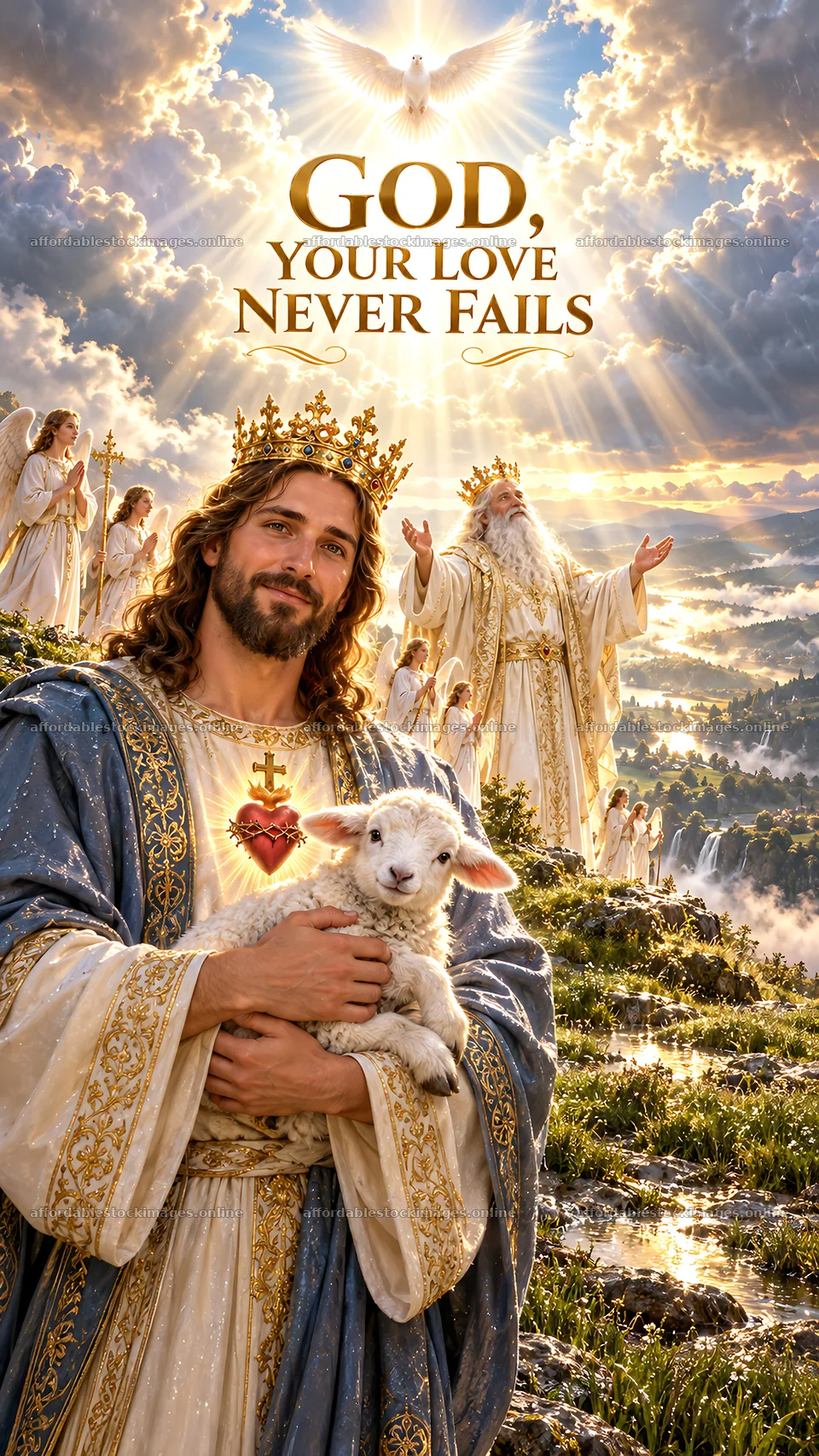 Jesus Christ holding a lamb with angels in the background – stock images 5811x10326