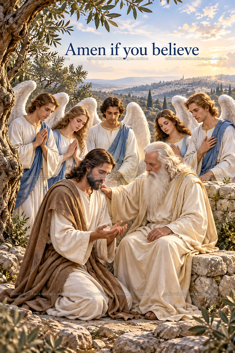 Under the olive trees in a biblical scene with figures – stock images 6480x9722