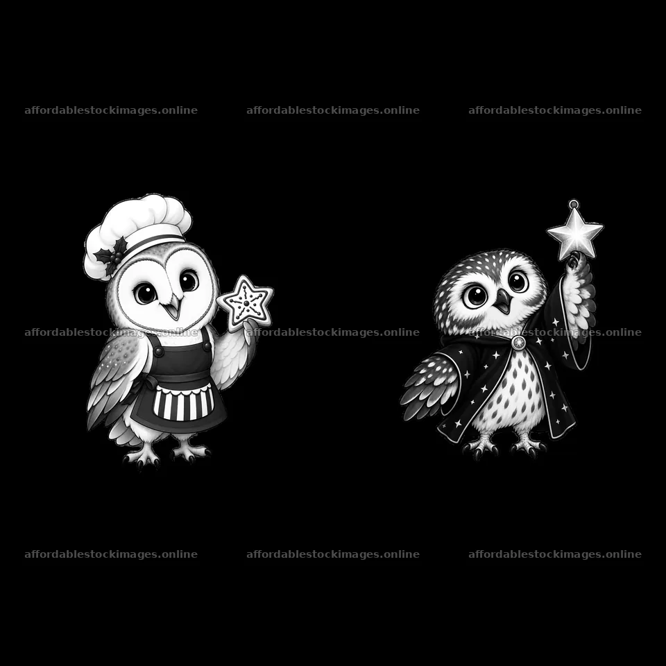 Christmas owls with stars dressed for the holiday season – stock images 7746x7746