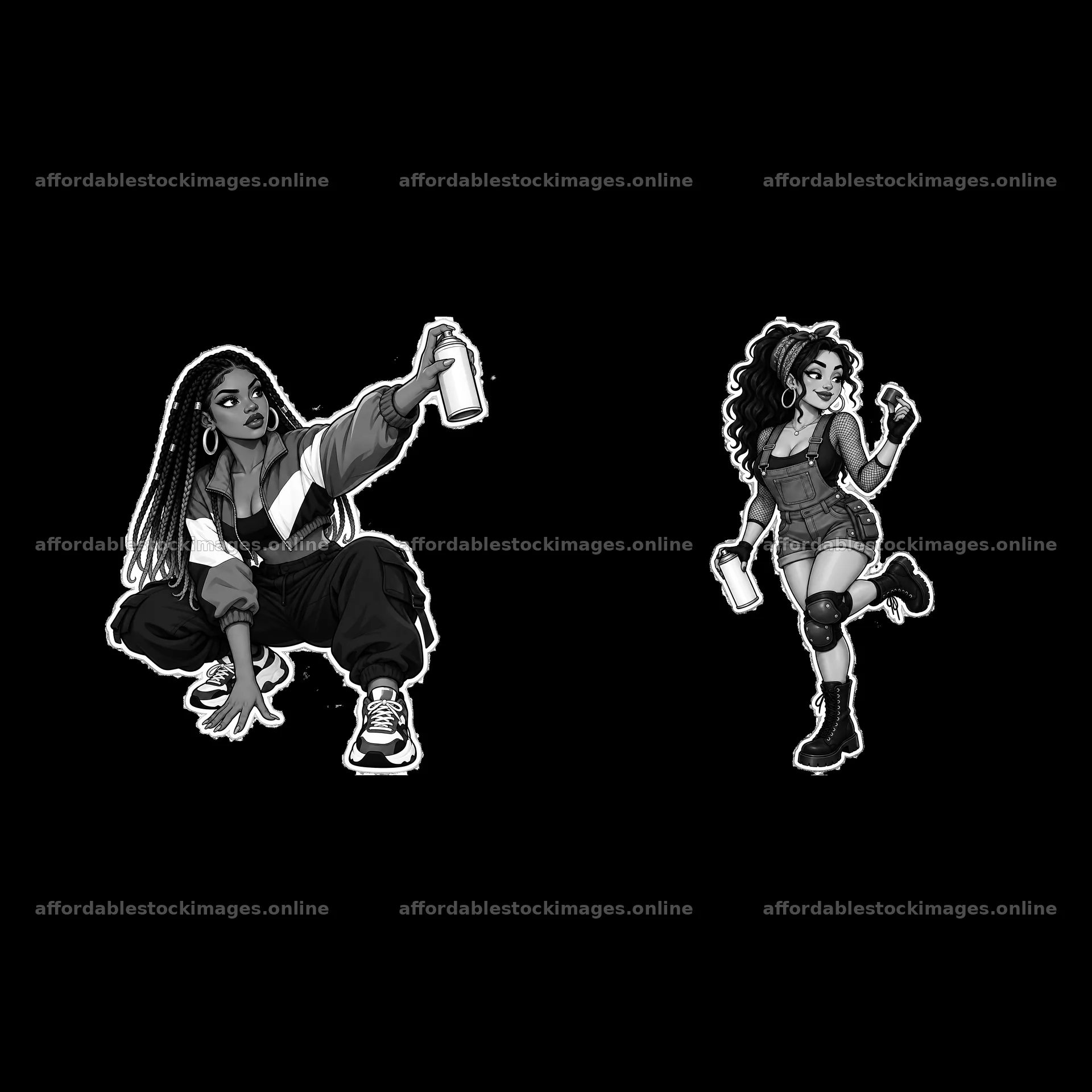 Female graffiti sprayers with spray cans in urban setting – stock images 7746x7746
