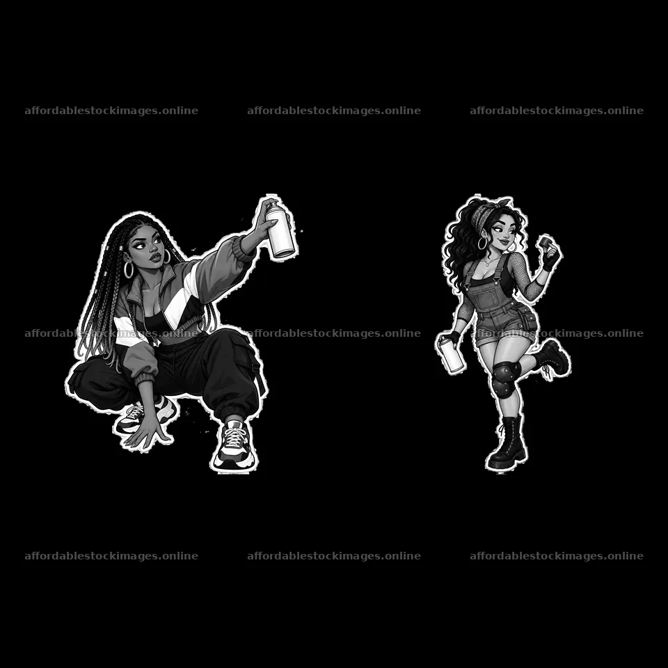 Female graffiti sprayers with spray cans in urban setting – stock images 7746x7746