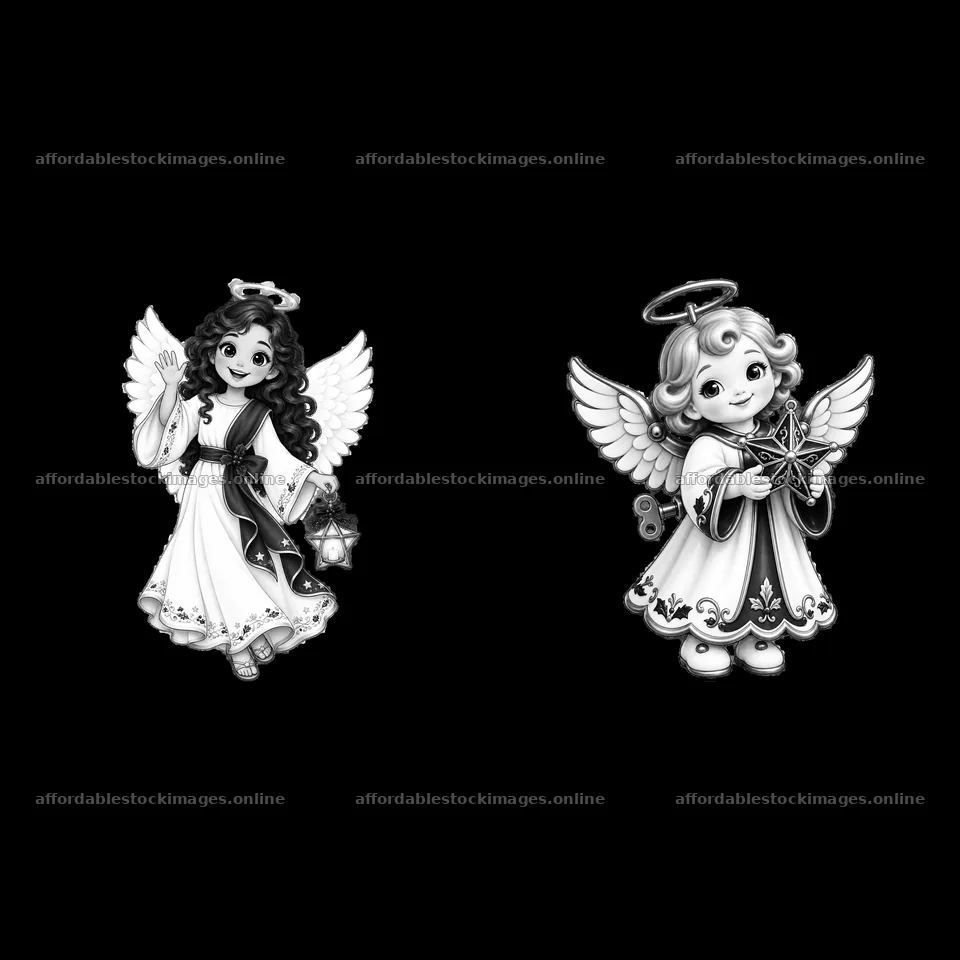 Cartoon Christmas angels holding lantern and star decorations – stock images 7746x7746