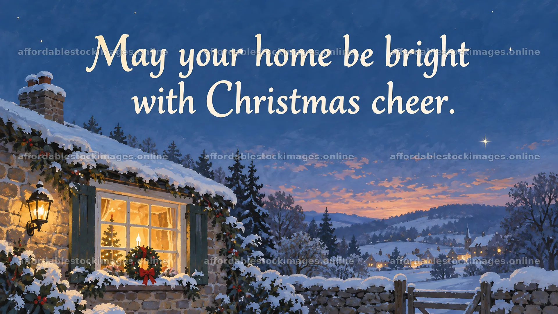 Christmas Cheer at a Snowy Cottage – stock images 10324x5812