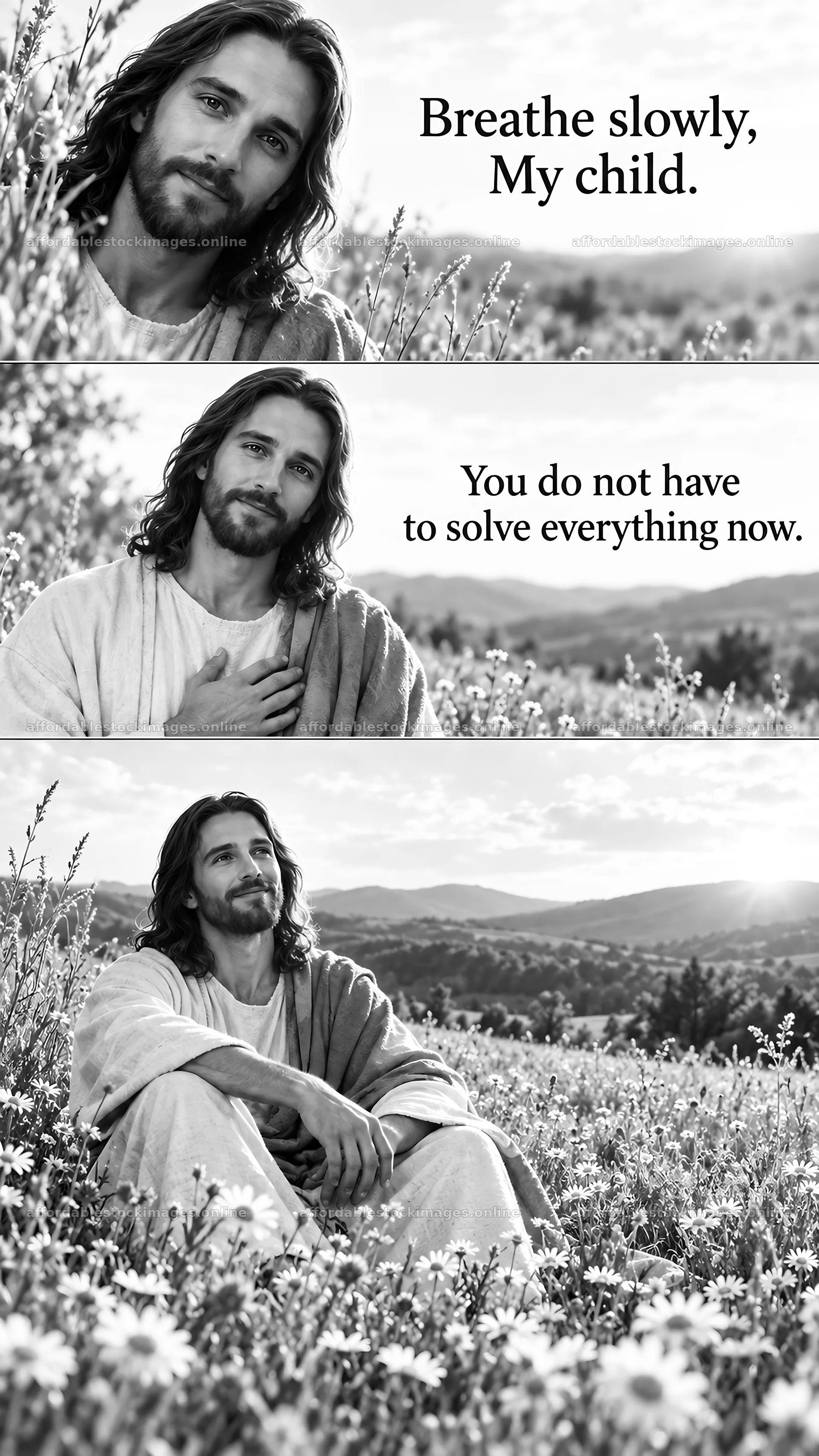 Jesus Christ comforts a child in a field – stock images 5811x10326