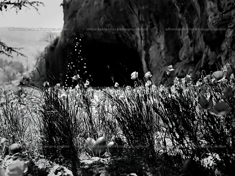 Christmas tree visible beyond cave in meadow – stock images 9174x6866