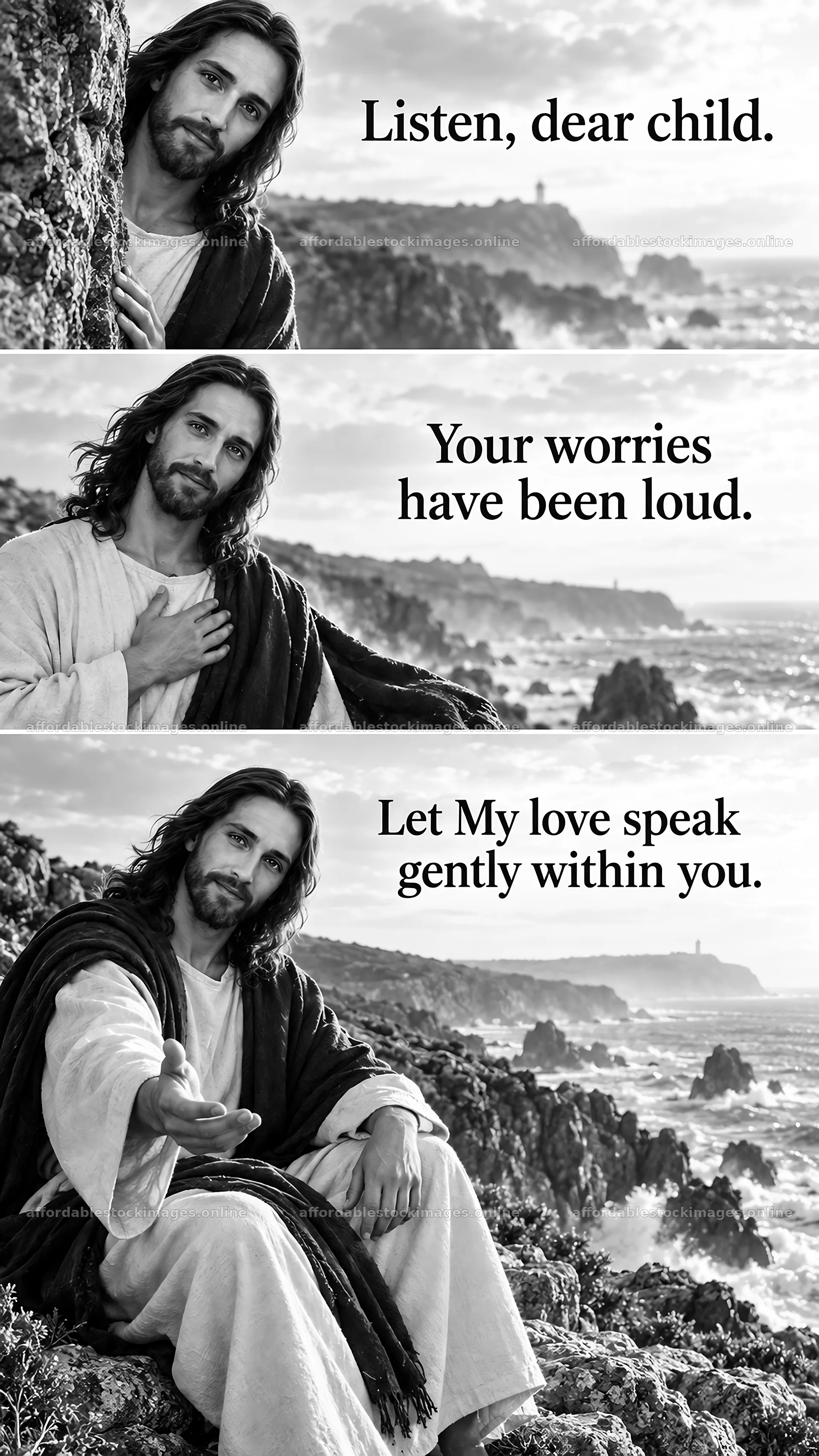 Jesus Christ comforting a child by the sea – stock images 5811x10326