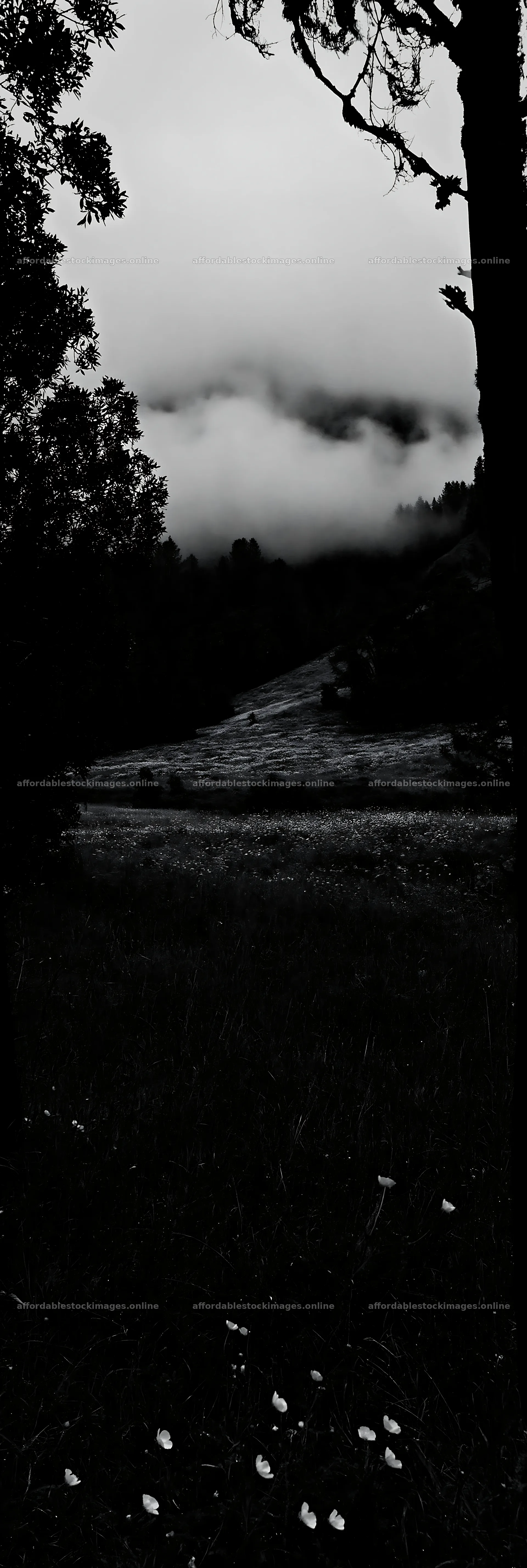Cloudy foothill meadow with fog and trees – stock images 4602x13690