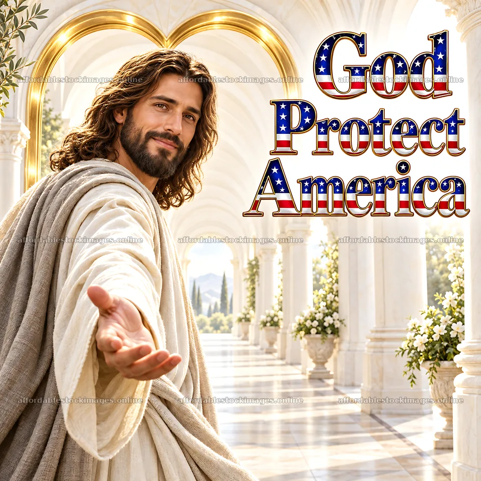 Jesus Christ welcomes viewers with a message of protection – stock images 7746x7746