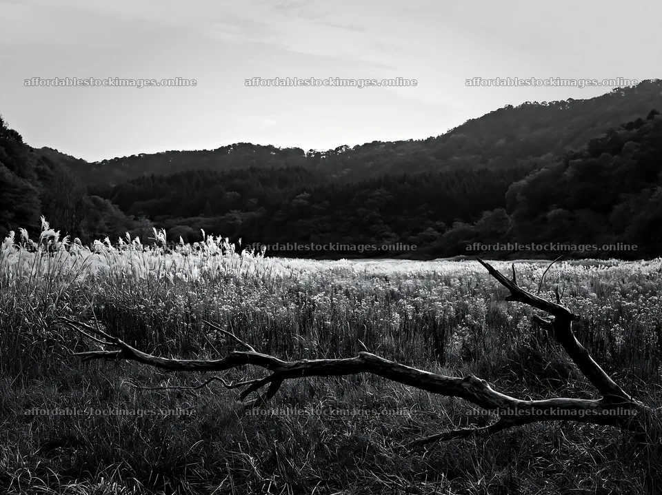 Yamagata rewilded meadow with fallen branch in the foreground – stock images 9174x6866