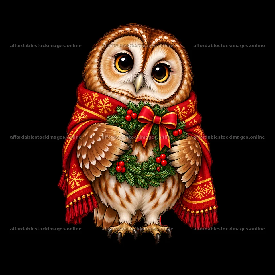 Christmas owl holding a wreath and wearing a festive scarf – stock images 7746x7746