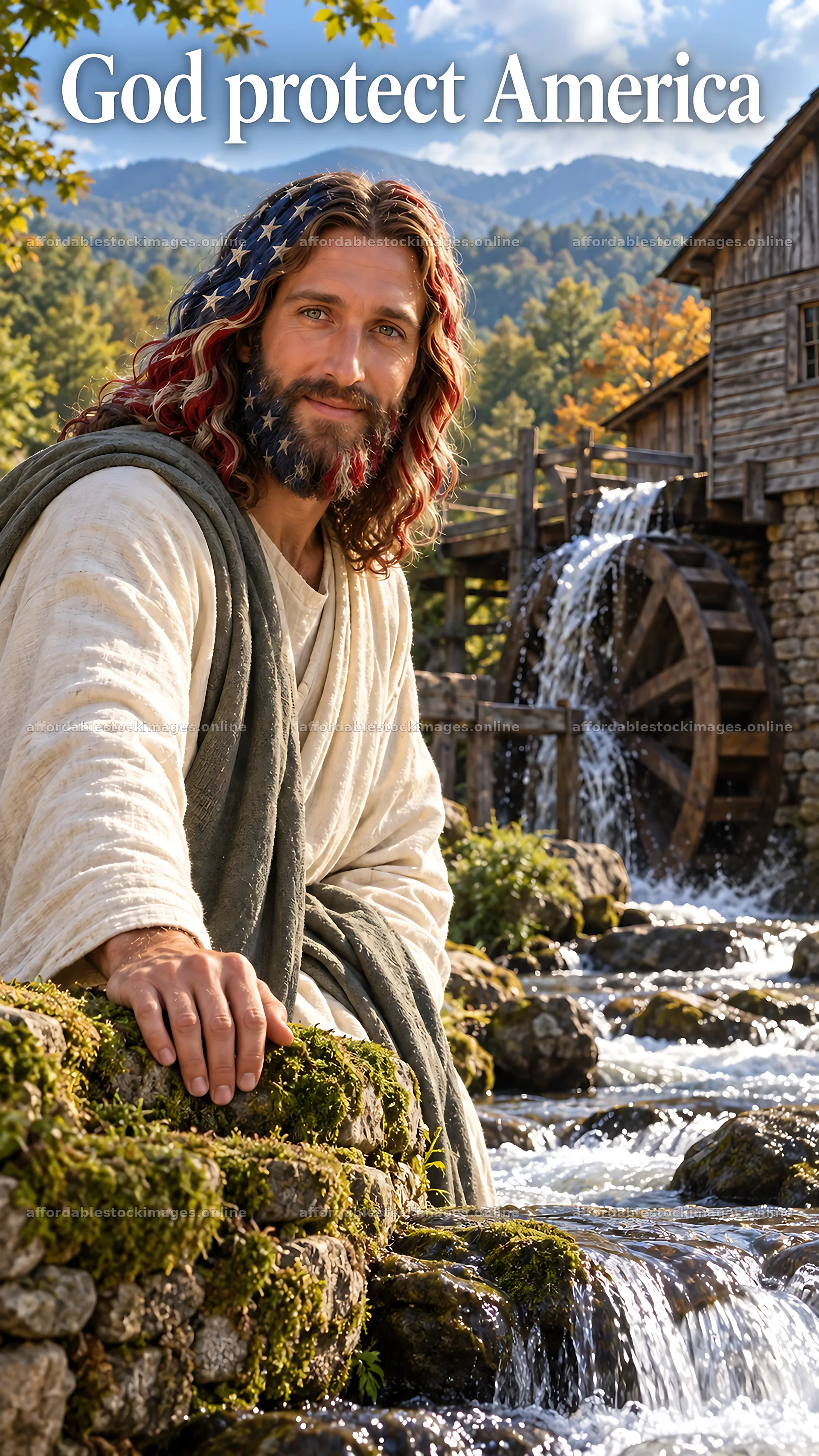 Jesus Christ by the river with a message for America – stock images 5811x10326