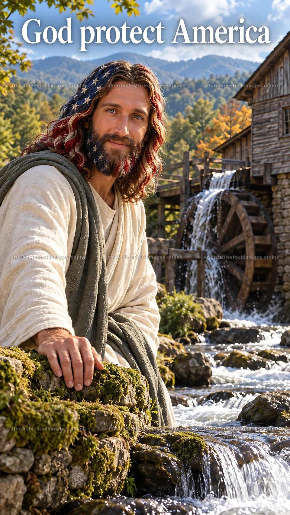 Jesus Christ by the river with a message for America – stock images 5811x10326