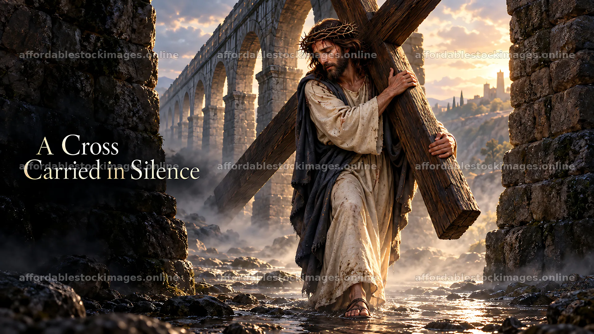 Cross carried through a ruined landscape at sunset – stock images 10580x5954