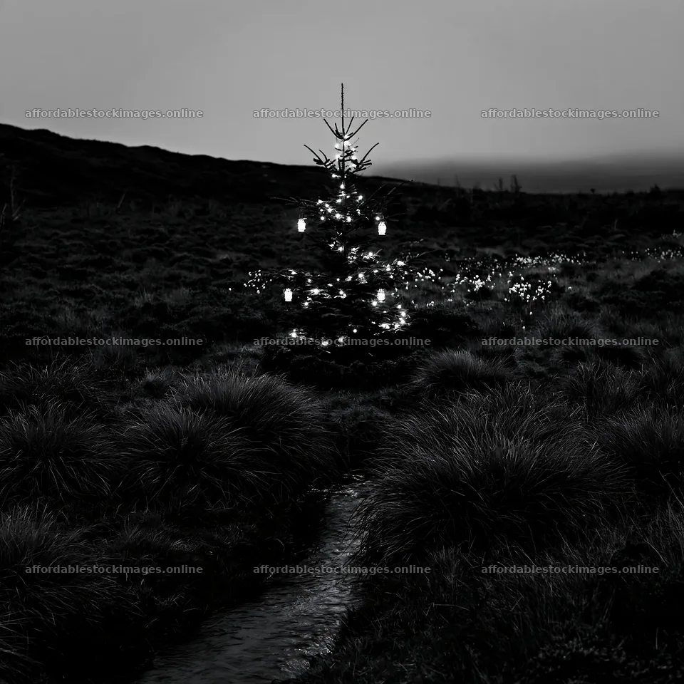 Christmas tree beside stream in meadow during winter – stock images 7938x7938