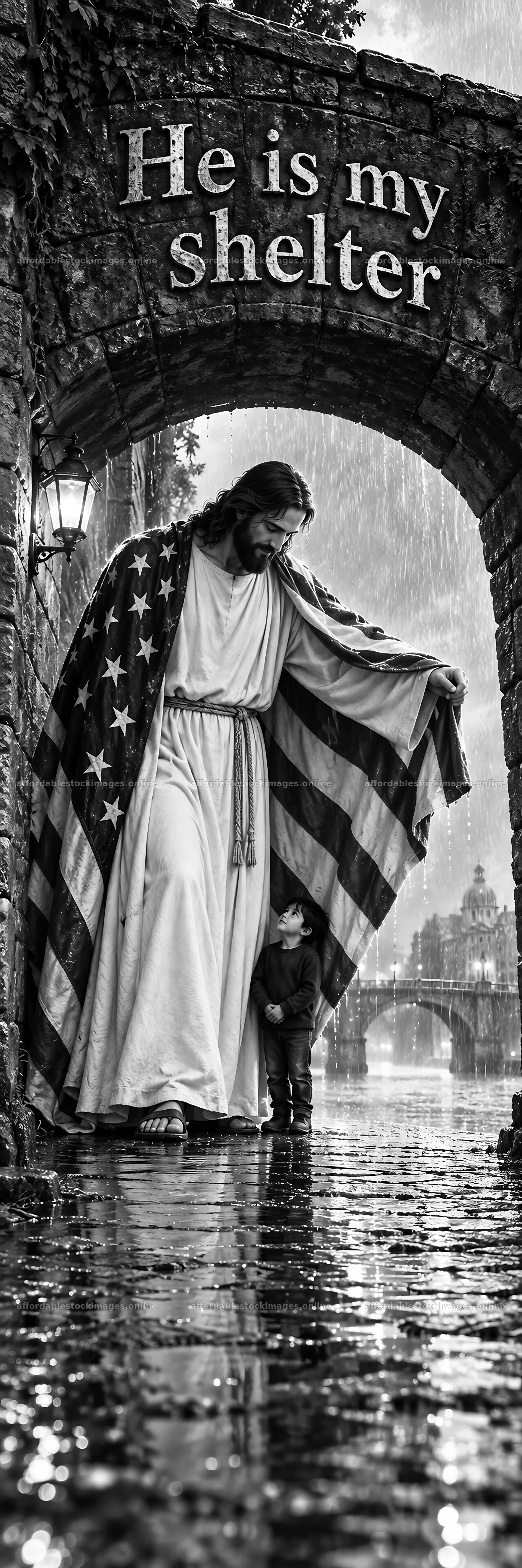 Jesus Christ walking with a child under an American flag – stock images 4472x13417
