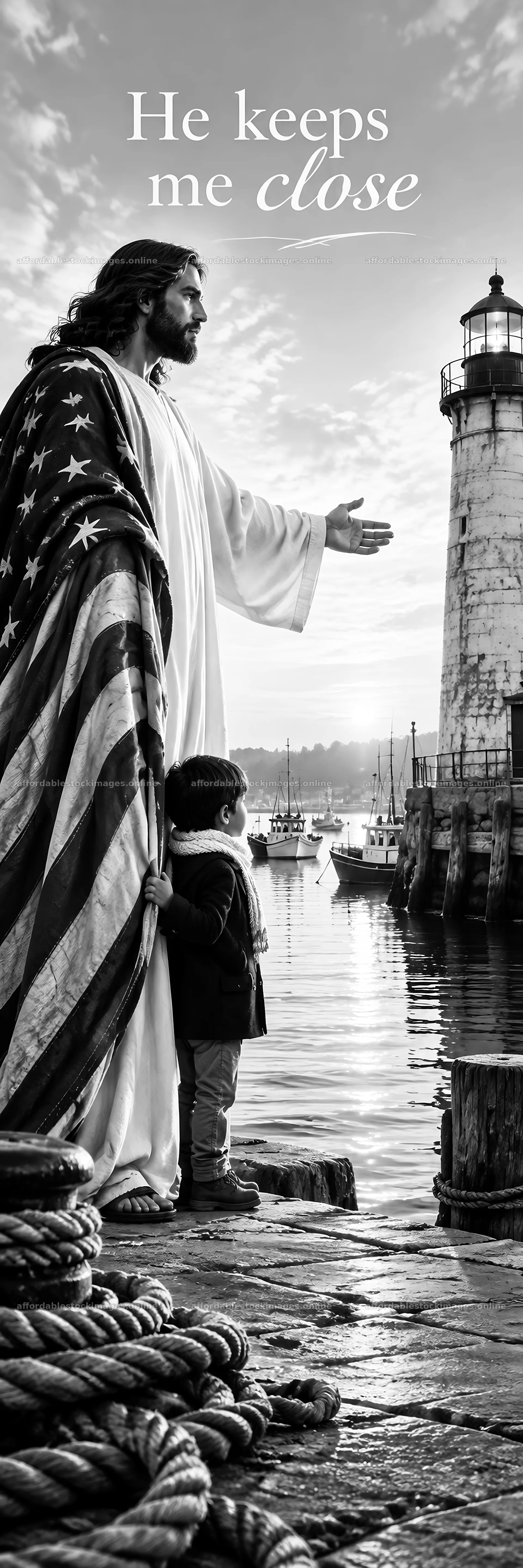 Jesus Christ welcomes a child near the lighthouse – stock images 4472x13417