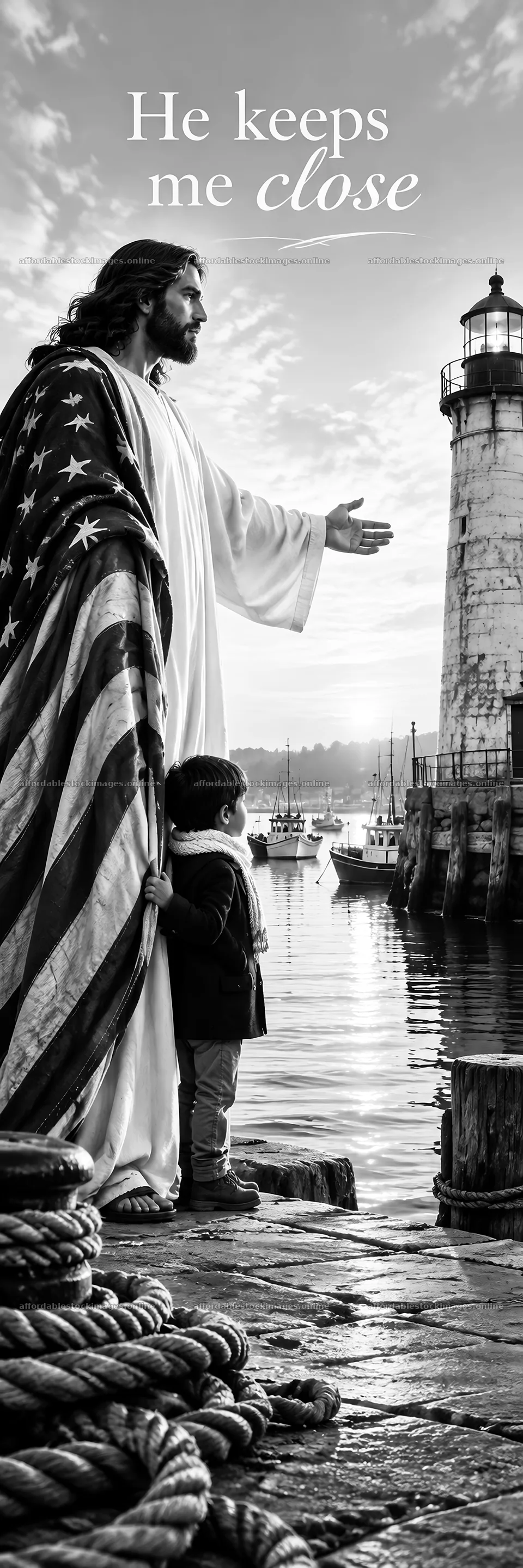 Jesus Christ welcomes a child near the lighthouse – stock images 4472x13417