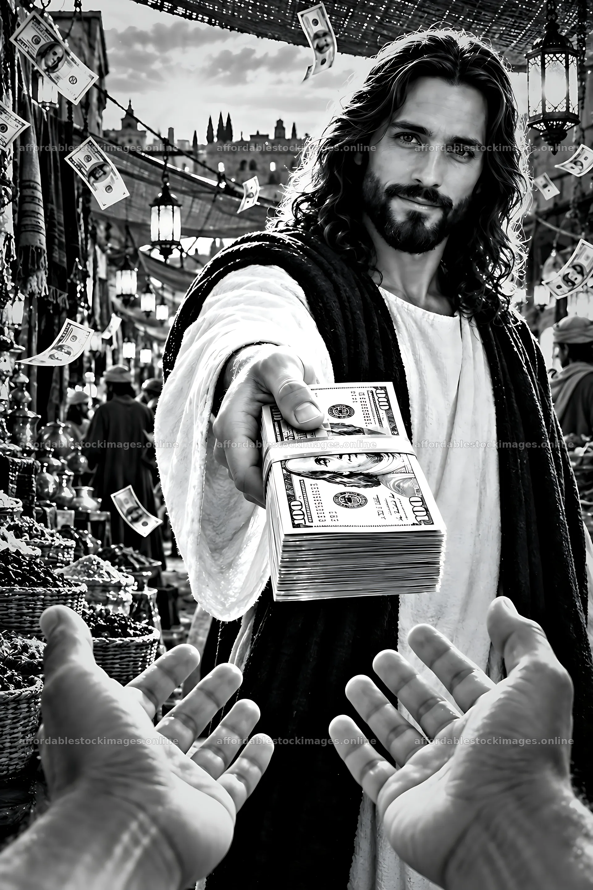 Market scene with a man handing out money – stock images 6480x9722