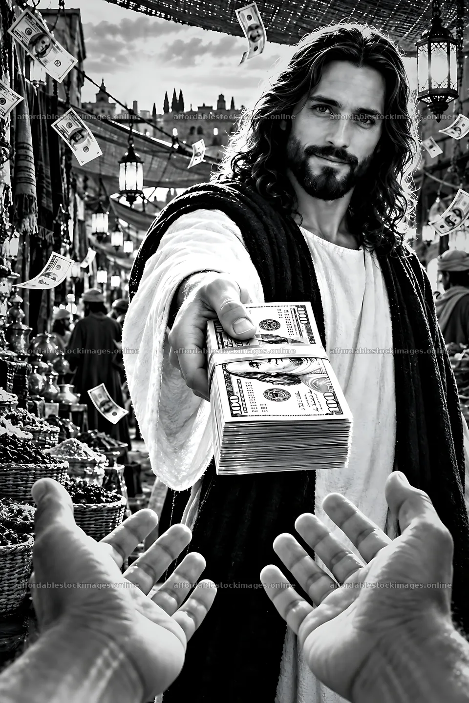 Market scene with a man handing out money – stock images 6480x9722