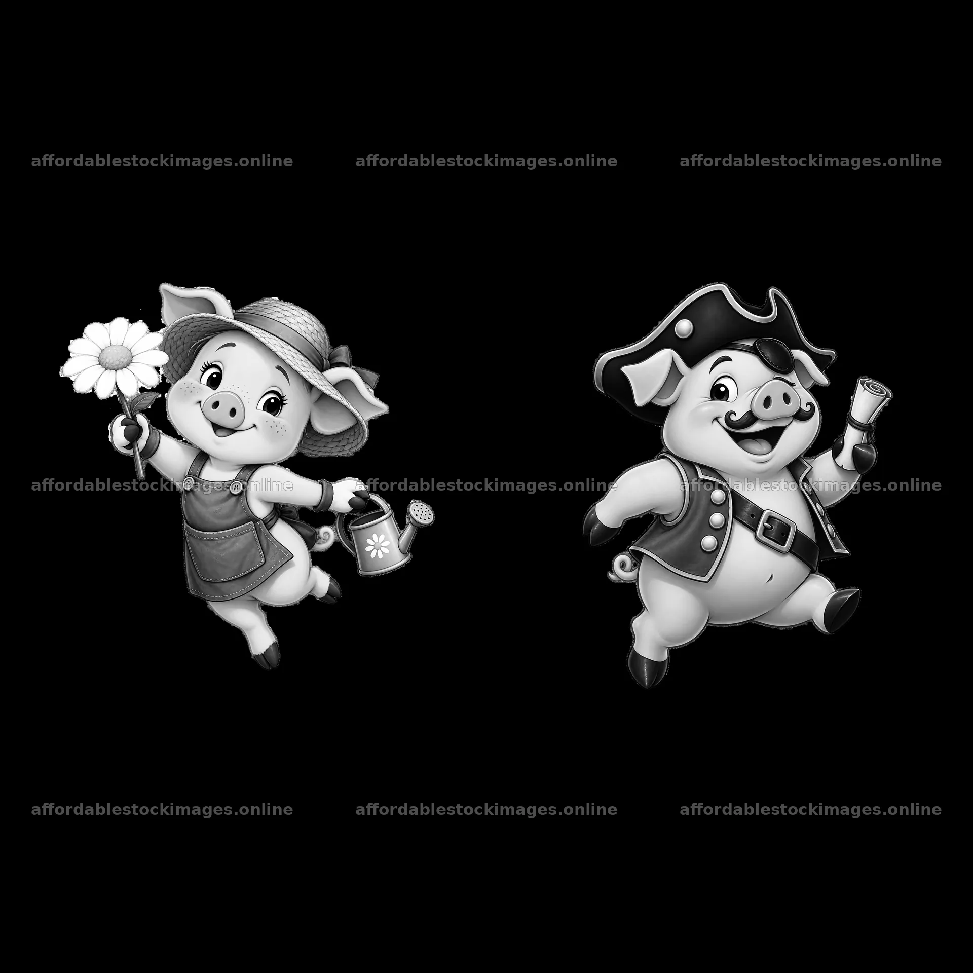 Cheerful pig characters in garden and pirate themes – stock images 7746x7746