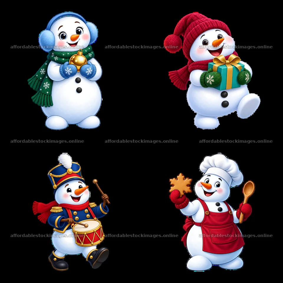 Four cheerful snowmen engaging in festive activities – stock images 7746x7746