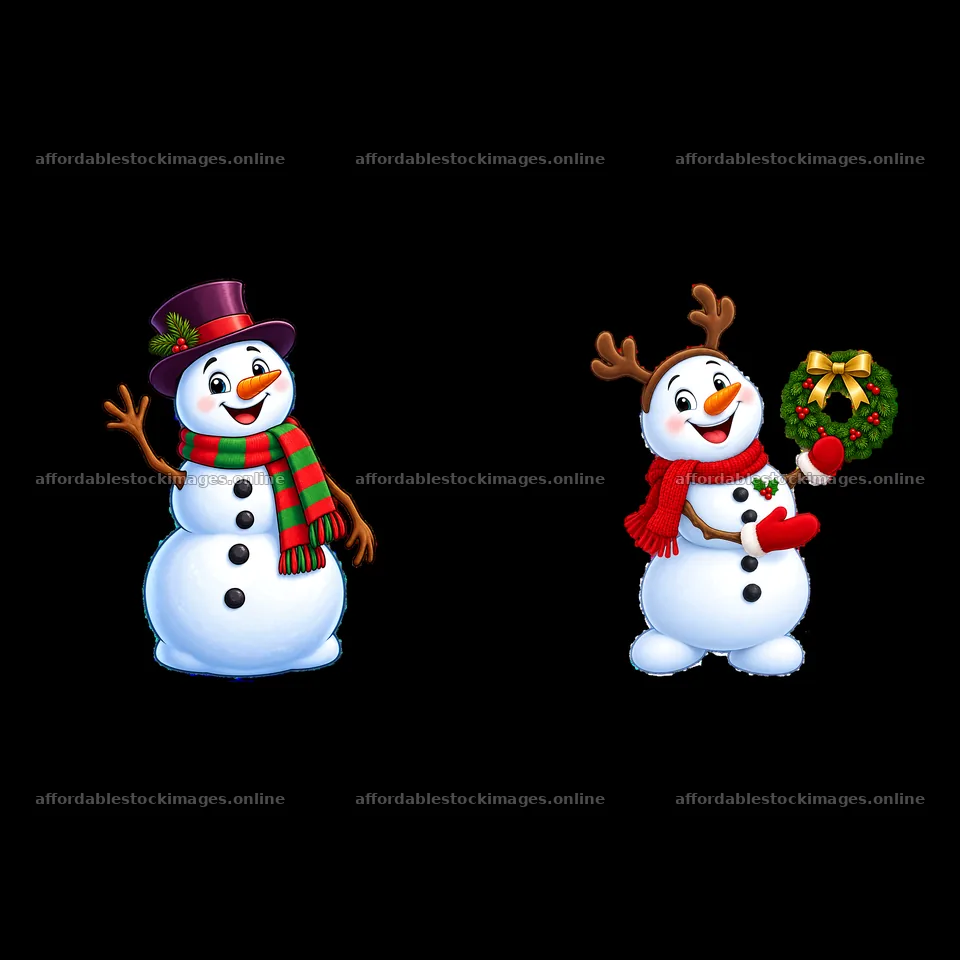 Christmas snowman with hat and scarf alongside reindeer snowman – stock images 7746x7746