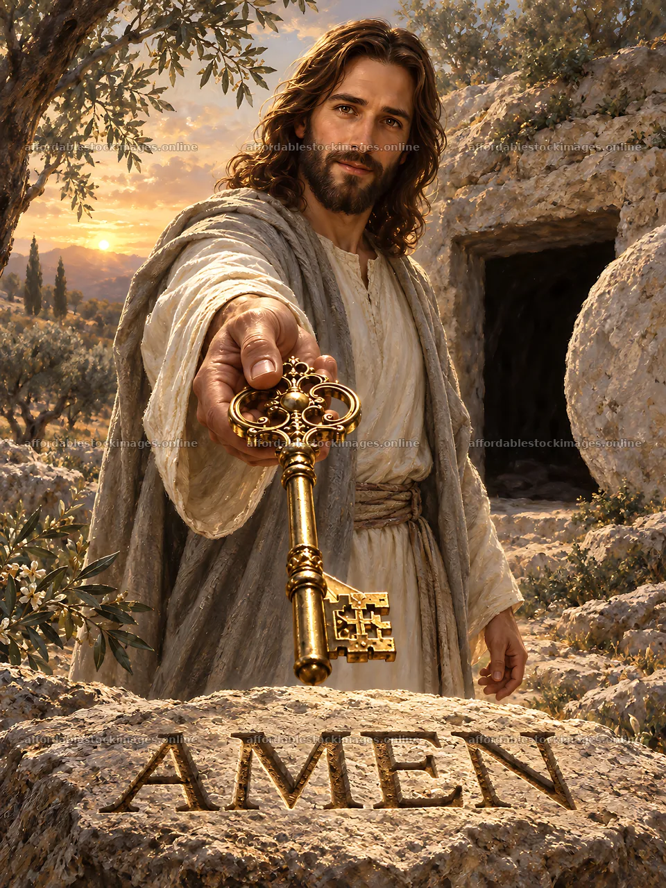 Key held by figure in The Dawn Tomb Garden – stock images 6874x9166