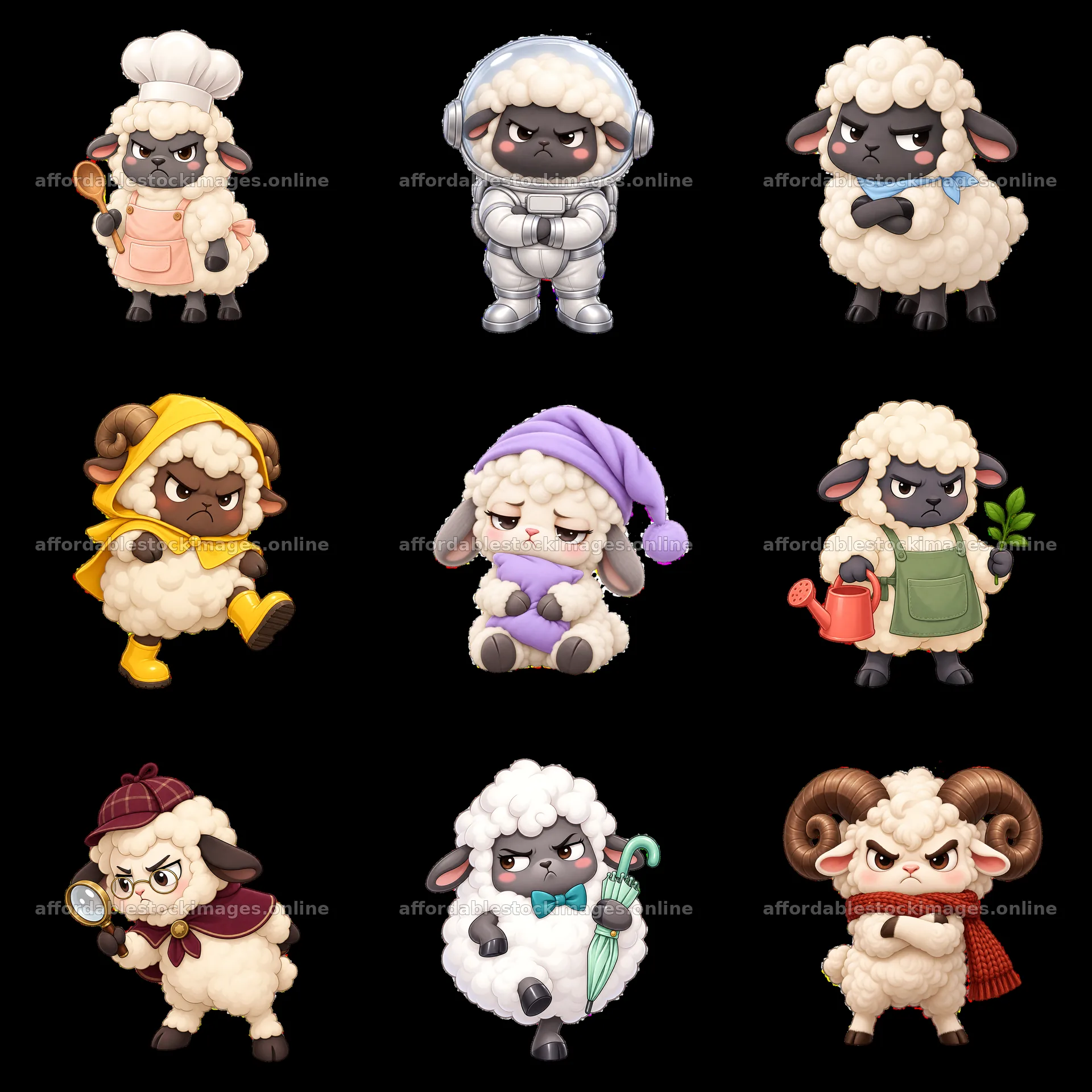 Kawaii grumpy sheep in various playful costumes and activities – stock images 7746x7746