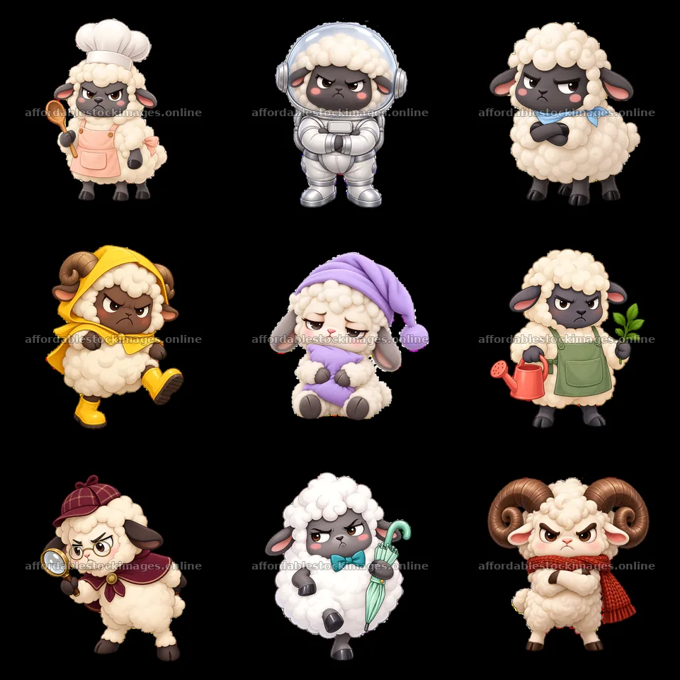 Kawaii grumpy sheep in various playful costumes and activities – stock images 7746x7746