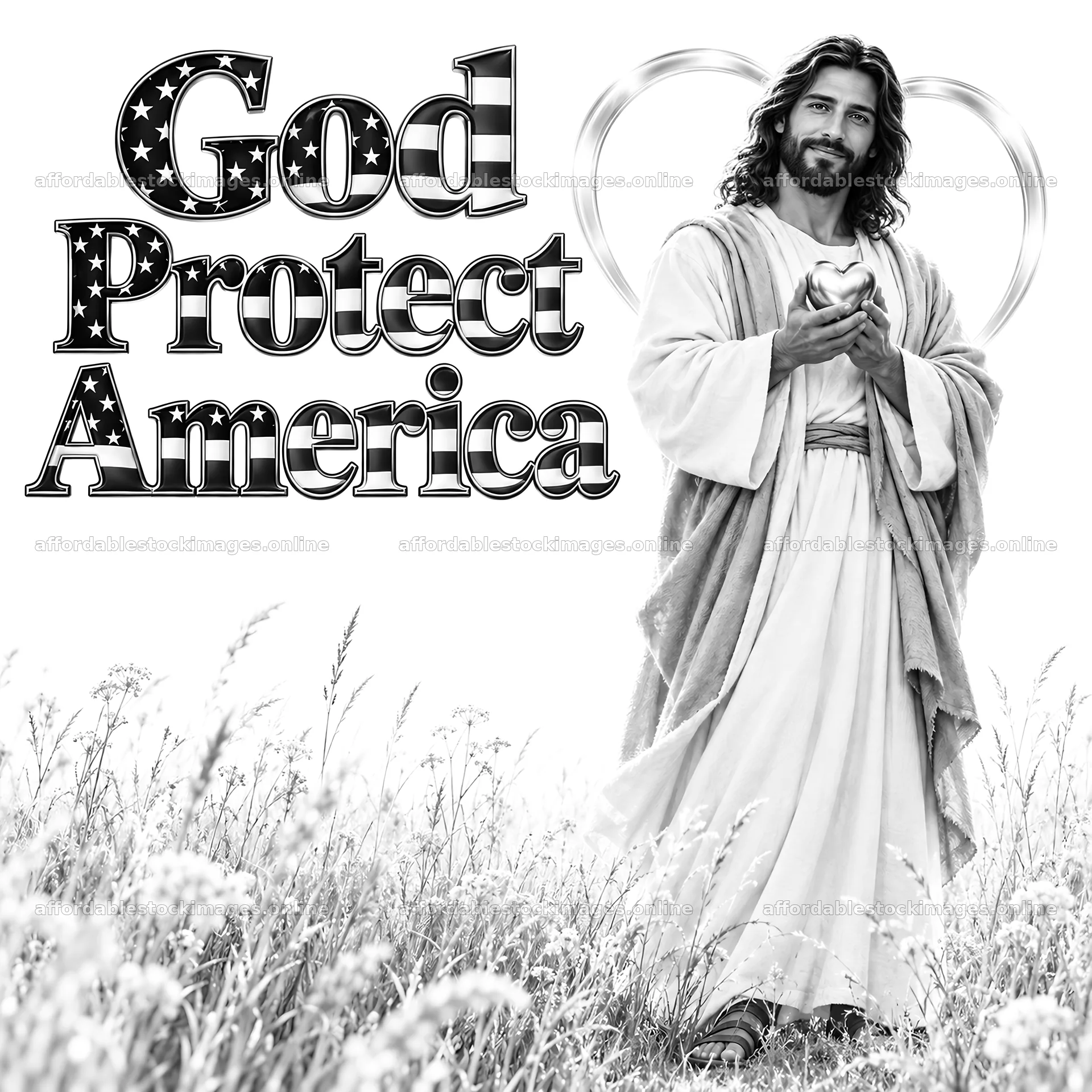 Jesus Christ welcomes with open hands in grassland – stock images 7746x7746