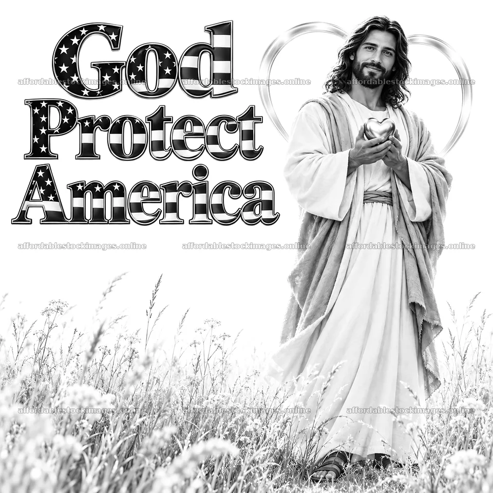 Jesus Christ welcomes with open hands in grassland – stock images 7746x7746