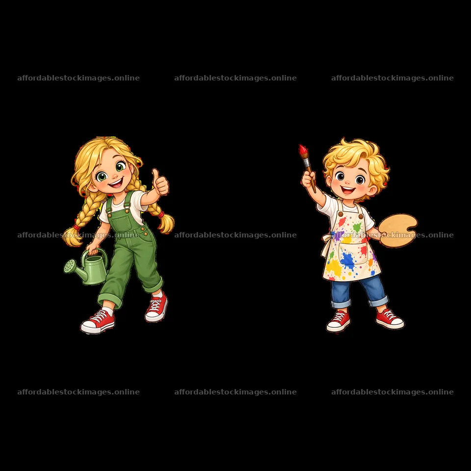 Blond children engaging in arts and gardening activities – stock images 7746x7746