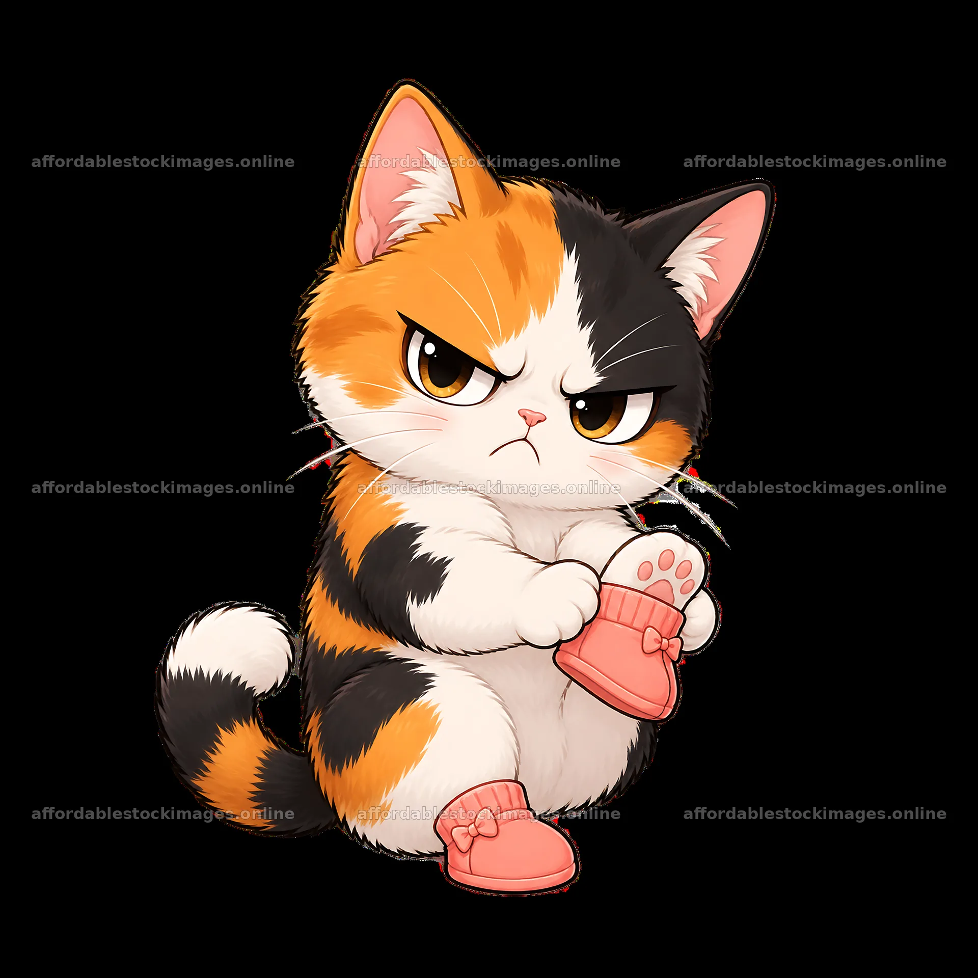 Kawaii grumpy cat in pink slippers with an annoyed expression – stock images 7746x7746