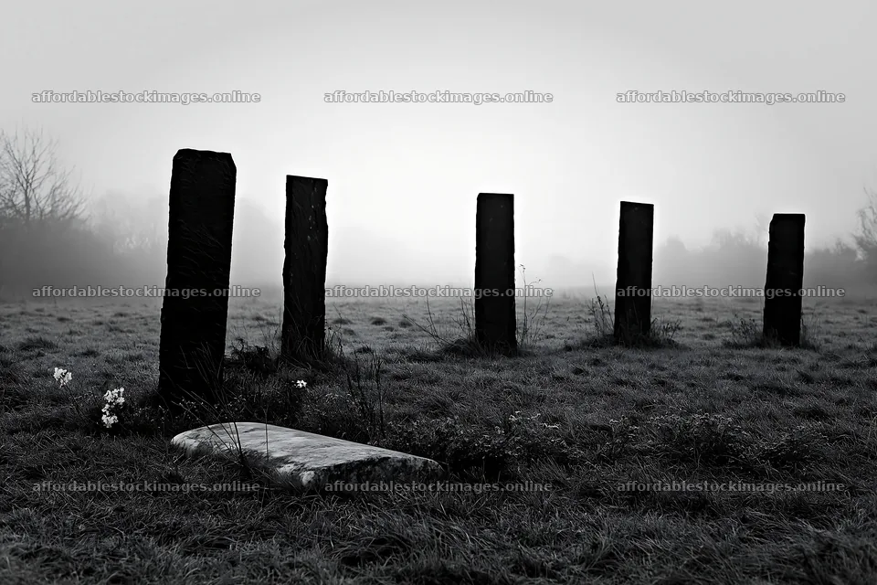 Misty winter meadow with standing stones and a grave marker – stock images 9722x6480