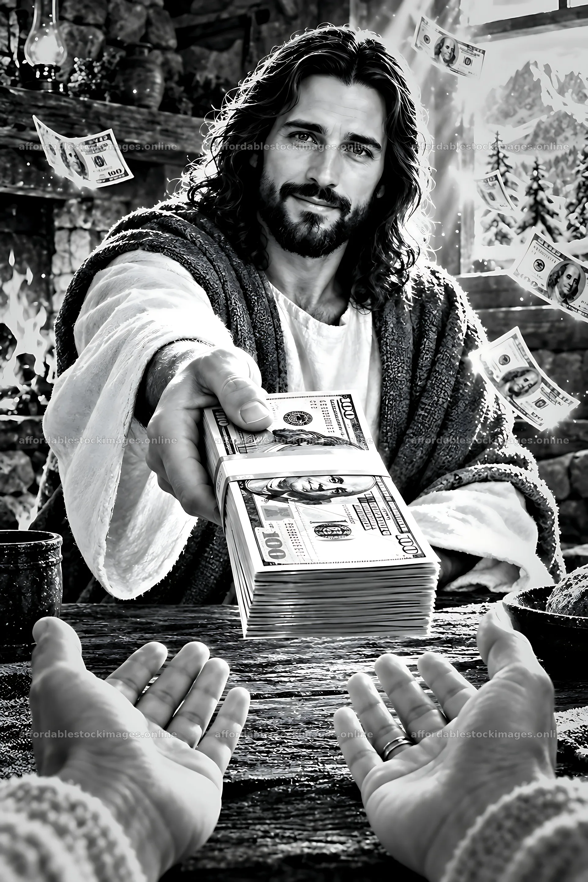 Winter hearth welcome with figure handing out money – stock images 6480x9722