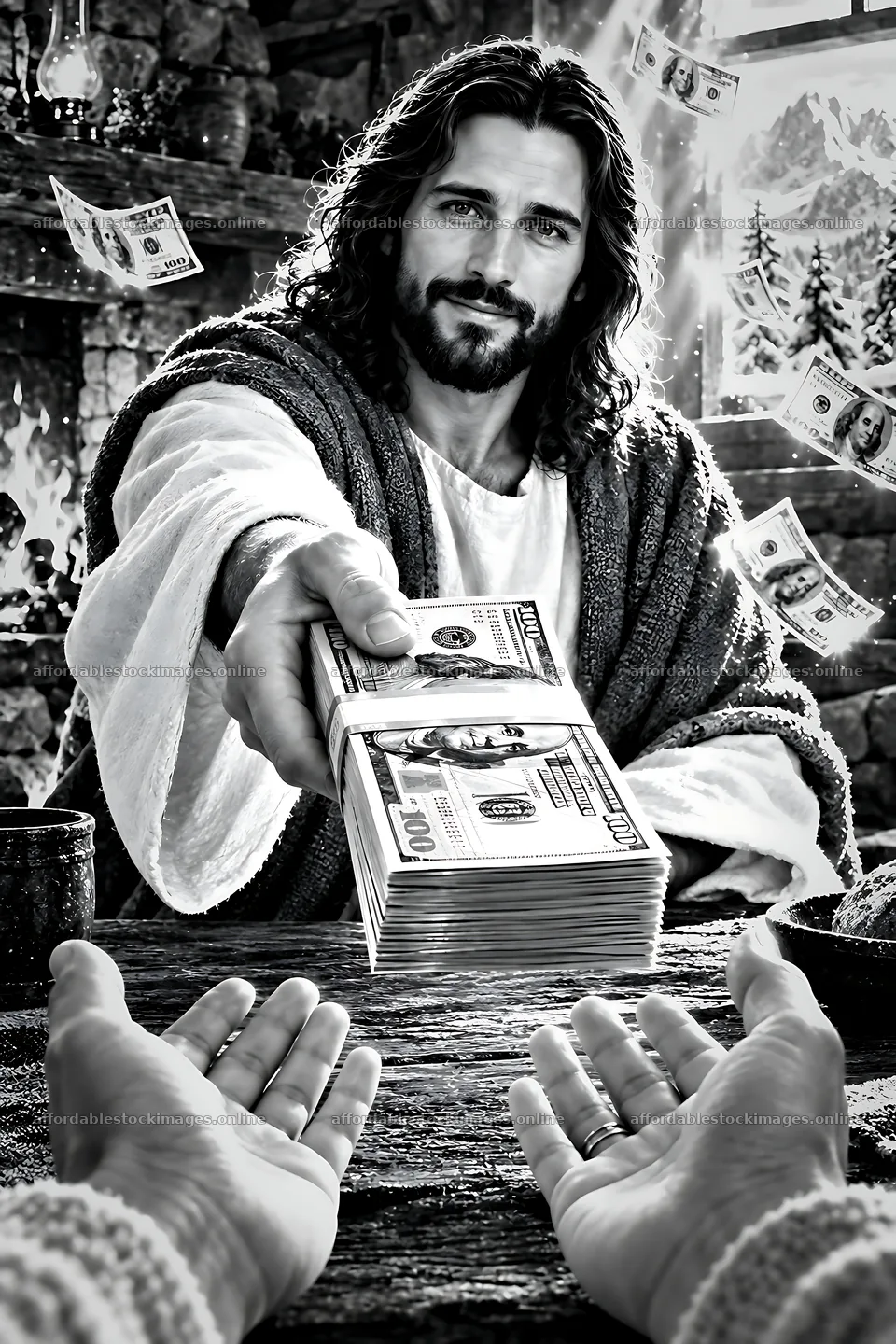 Winter hearth welcome with figure handing out money – stock images 6480x9722