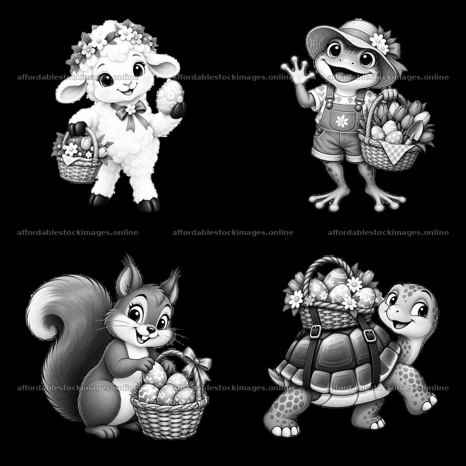 Easter basket characters featuring sheep, frog, squirrel, and – stock images 7746x7746